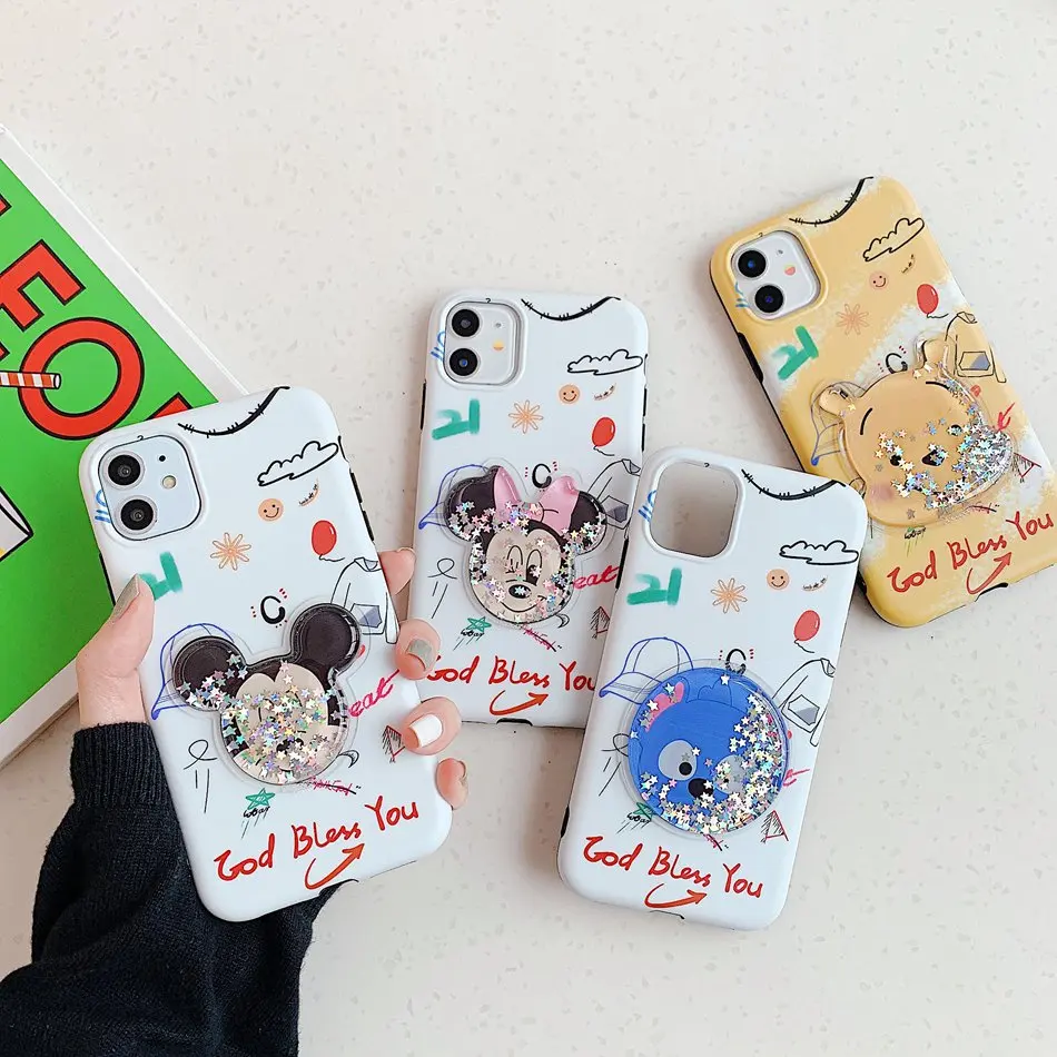 

For iPhone 11 Pro XS Max XR X Case 3D Cute Cartoon Quicksand Glitter Mickey Mouse Bear Phone Case For iPhone 8 7 Plus Soft Cover