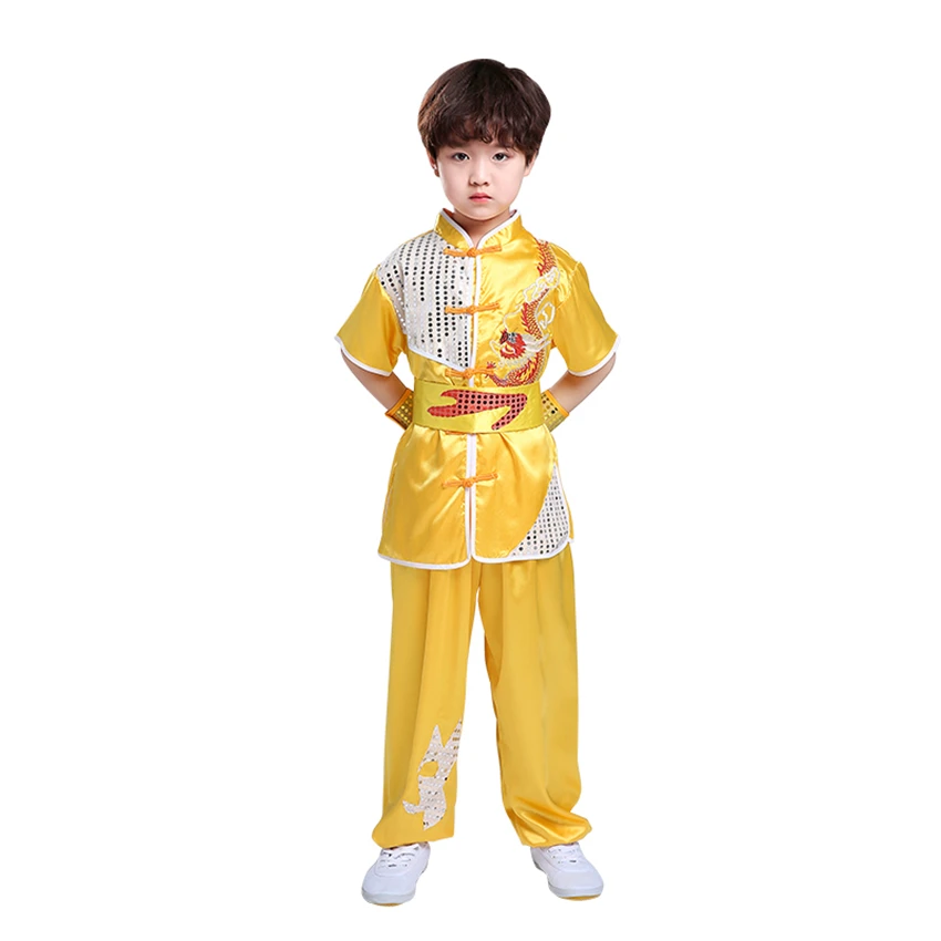 Children Chinese Traditional Style Clothing Set Sequin Dragon Embroidery Long&Short Performance Tai Chi Kung Fu Uniforms Chinese Traditional Costume