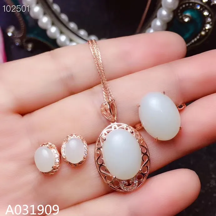 KJJEAXCMY boutique jewelry 925 sterling silver inlaid Natural White jade Necklace Ring Earring Set Support detection exquisite