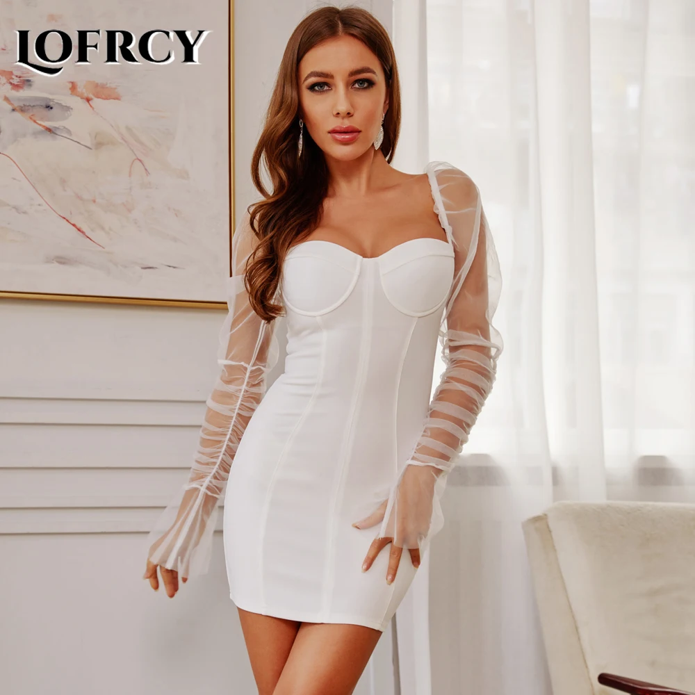 Женское Сетчатое Прозрачное платье Lofrcy с пышными рукавами белое лоскувечерние