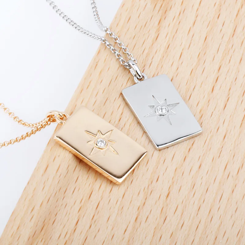 

Silver S925 Fine Silver Diamond Set Star Anise Square Tag Pendant Necklace Europe And America Popular Brand Necklace INS