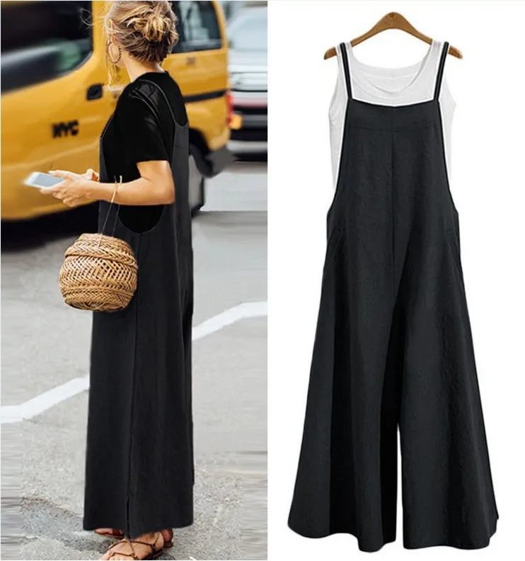 2021 Summer Fashion Jumpsuit Women Casual Sleeveless Straps Wide Leg Pants Loose Solid Color Long Pants Overalls