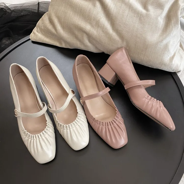 

Chengdu High-End Quality Mary Jane Shoes inside And Pure Leather Handmade Stitching WOMEN'S Shoes Buckle Square Head Low Documen
