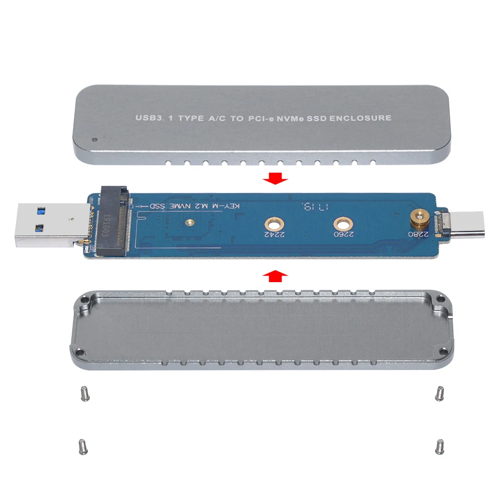 Aluminum Alloy Dual USB3.1 Mobile SSD Hard Disk Box TYPE-A+C TO M.2 NVME Hard Disk Case