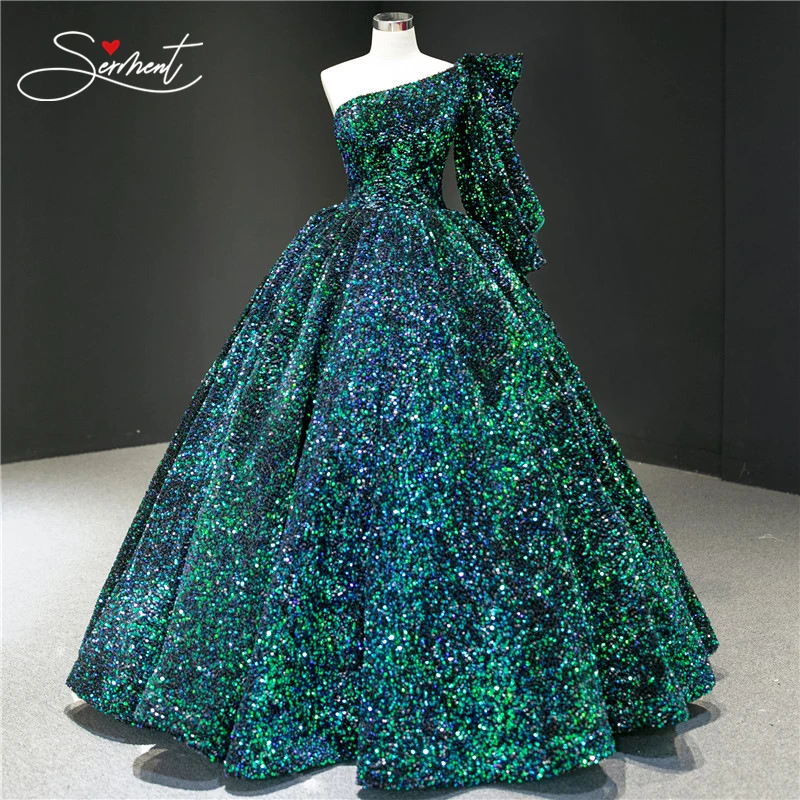 

Middle East 2020 Luxury Malachite green Wedding Dress Oblique Shoulder OllyMurs Large Sequins Wedding Noble Decal Muslim Bride