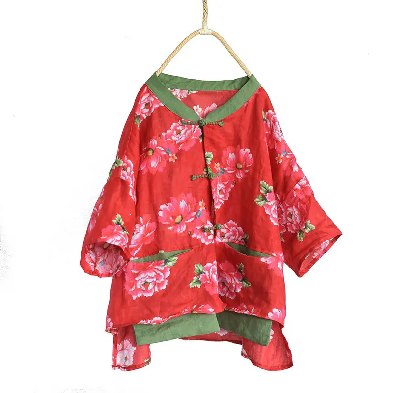 Women Loose Printed Linen Blouse Female Single Breasted Shirt Tops Female Vintage Flax Shirts 2020 Summer 5