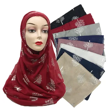 

New Style Beauty Muslim Hijab Islamic Turban Women Scarves Black Head Scarf Cotton Gold Small Tree Printed Scarf Shawl Abaya