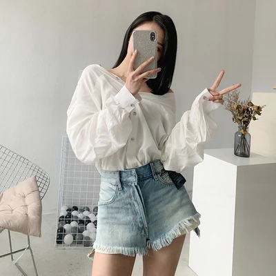 

New A-line high waist button front and back denim shorts for women
