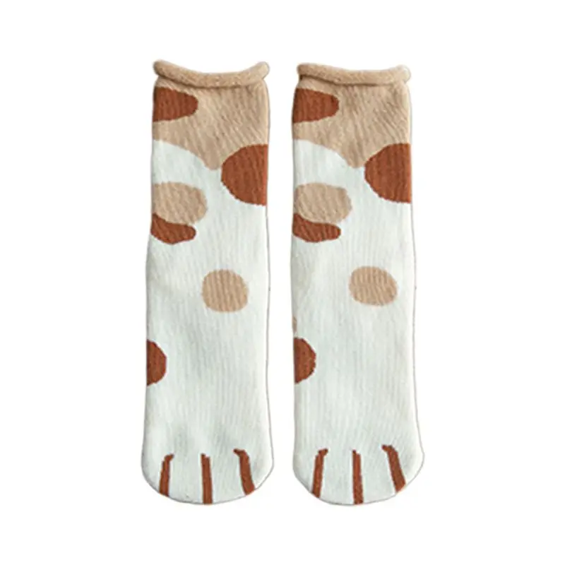 Material2-Khaki Dot Женские зимние пушистые теплые носки с петельками, плотные махровые носки, теплые хлопковые чулки с рисунком кошачьей лапы - Цвет: Material2-Khaki Dot