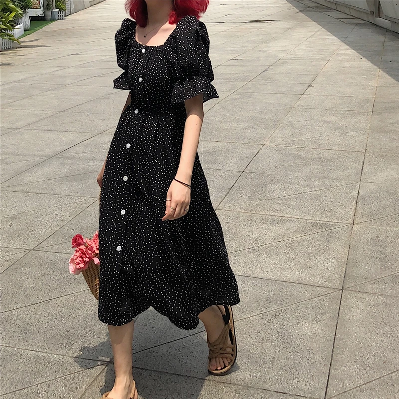 

England style puff sleeve square collar button dot summer Women's Clothing long dress Elegant Trend temperament black vestidos