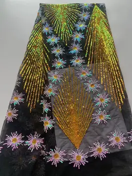 

2019 New Gold French Nigerian sequins net lace,African tulle mesh Sequence lace fabric high quality for wedding dress 5 yards