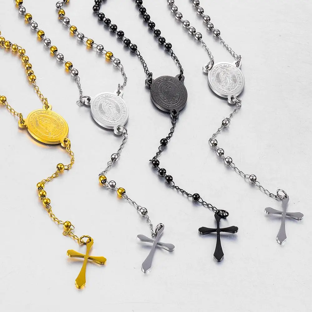 Fashion Mens women's Stainless Steel Rosary Beads Pendant Necklace Chain Hot 