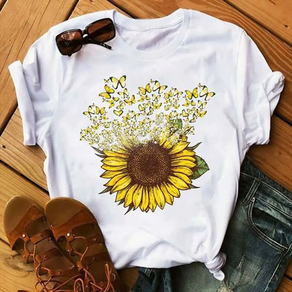 BITOPYTOPSIY Womens Sunflowers Print Short Sleeve Casual Tee Tops Round Neck Loose Fit T-Shirt Summer Blouse 