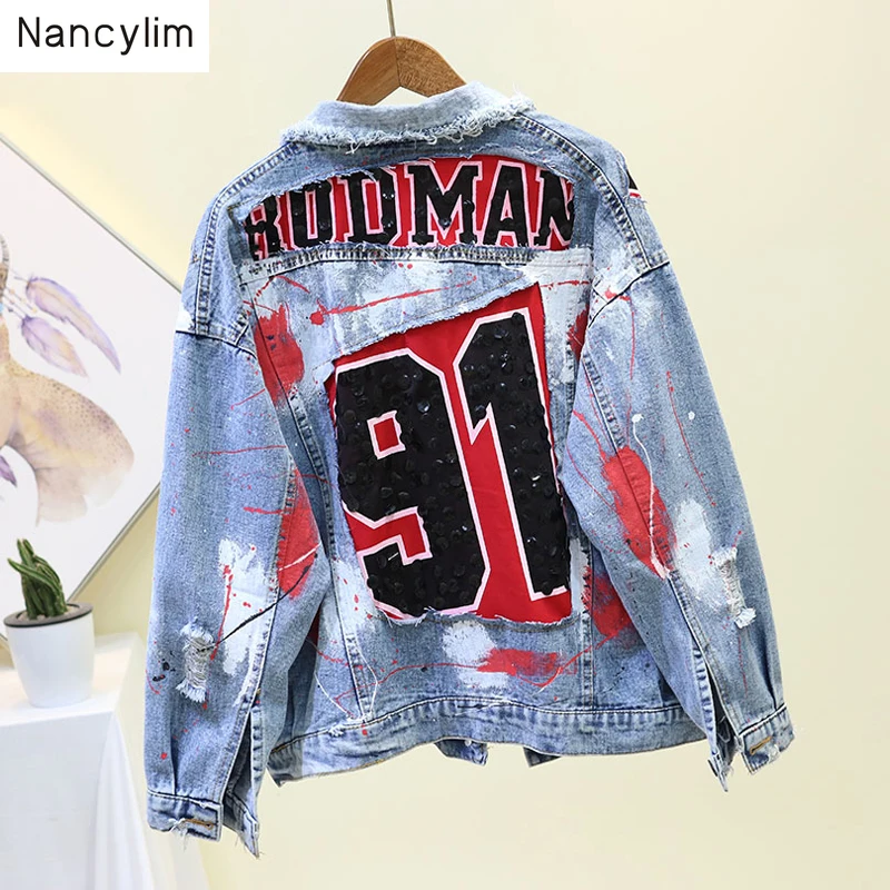

Autumn Jacket New Heavy Hole Graffiti Sequins Jeans Short Coat Student Jacket Streetwear Short Coats Women 2019