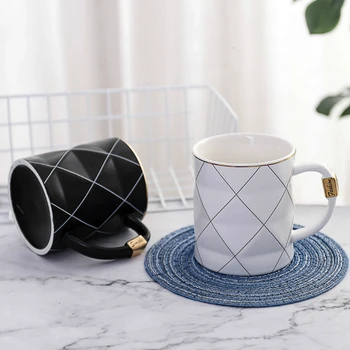 

Creative Coffee Cup Nordic Golden Black And White Grid Geometry Ceramic Coffee Mug Porcelain Juice Drink Cup Coffee Milk Tea Cup