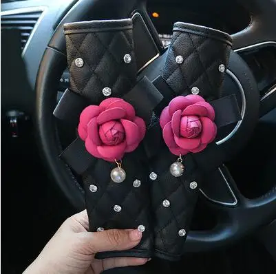 Розовая роза цветок кожаный чехол на руль авто подголовник поддержка ручного тормоза крышка переключения передач хрустальные аксессуары для салона автомобиля - Название цвета: 2pcs Seat Belt Cover