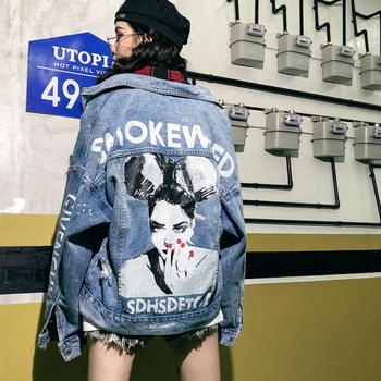 

Autumn New Hollow Out Denim Jacket Loose Hip Hop Women Jacket Printing Single-Breasted Streetwear Coat