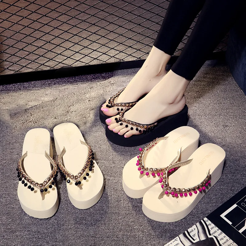 

Summer Thick Bottomed Flip-flops Women's Slanted Heel High-Heel Beach Slippers Fashion Flip-flop Korean-style Seaside Slippers F