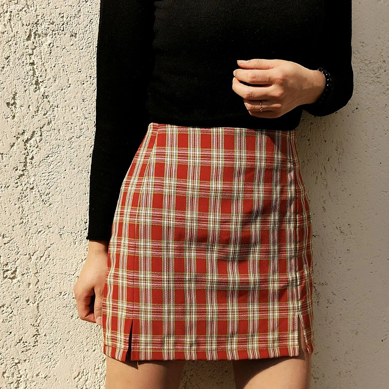 

2020 Summer Skirts Womens High Waist Zipper A-Line Skirt All-match Slim Split Short Plaid Skirt Female Casual Streetwear