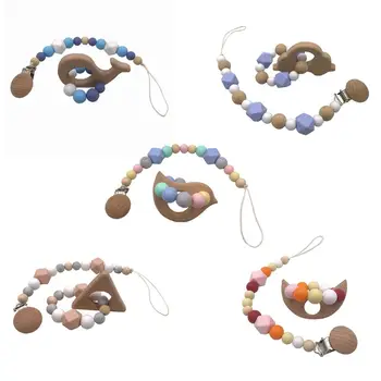 

2 Pcs/set Cartoon Baby Silicone Molar Stick Safety Comfort Wood Bracelet Newborn Infants Bite Chew Pacifier Chain #905
