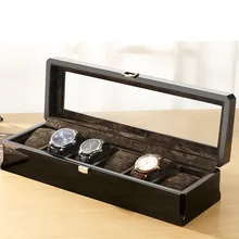 

Luxury Wooden Watch Box Case Pure Wood Casket Display Box Watches Organizer Black Glass Cabinet Packing 6 Seats Storage Box Man