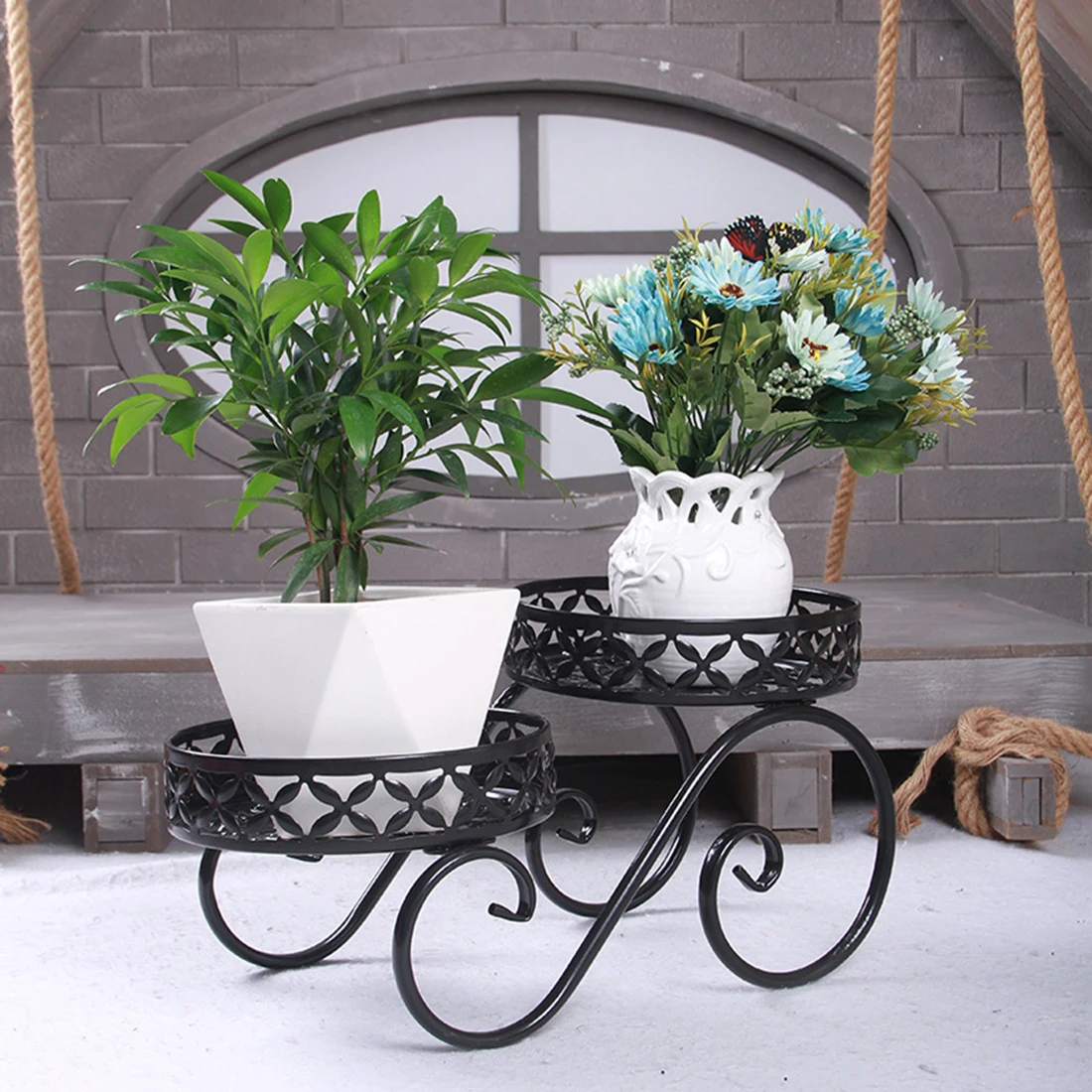 Железный цветок стенд высокий и низкий чайник рама для растений гостиная Балконный пол завод Стенд домашний сад Декор-бронза - Цвет: Black