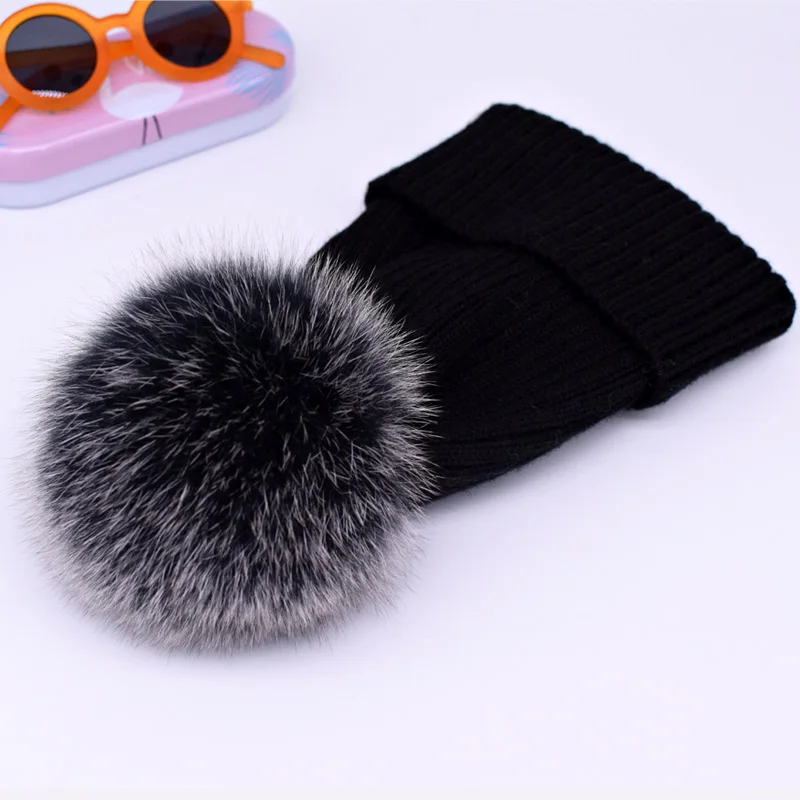 wool black fox fur 2 Новинка, зимняя шапка, роскошные качественные шапки с меховым помпоном, шапка высокого качества для девочек, женские зимние шапки - Цвет: wool black fox fur 2