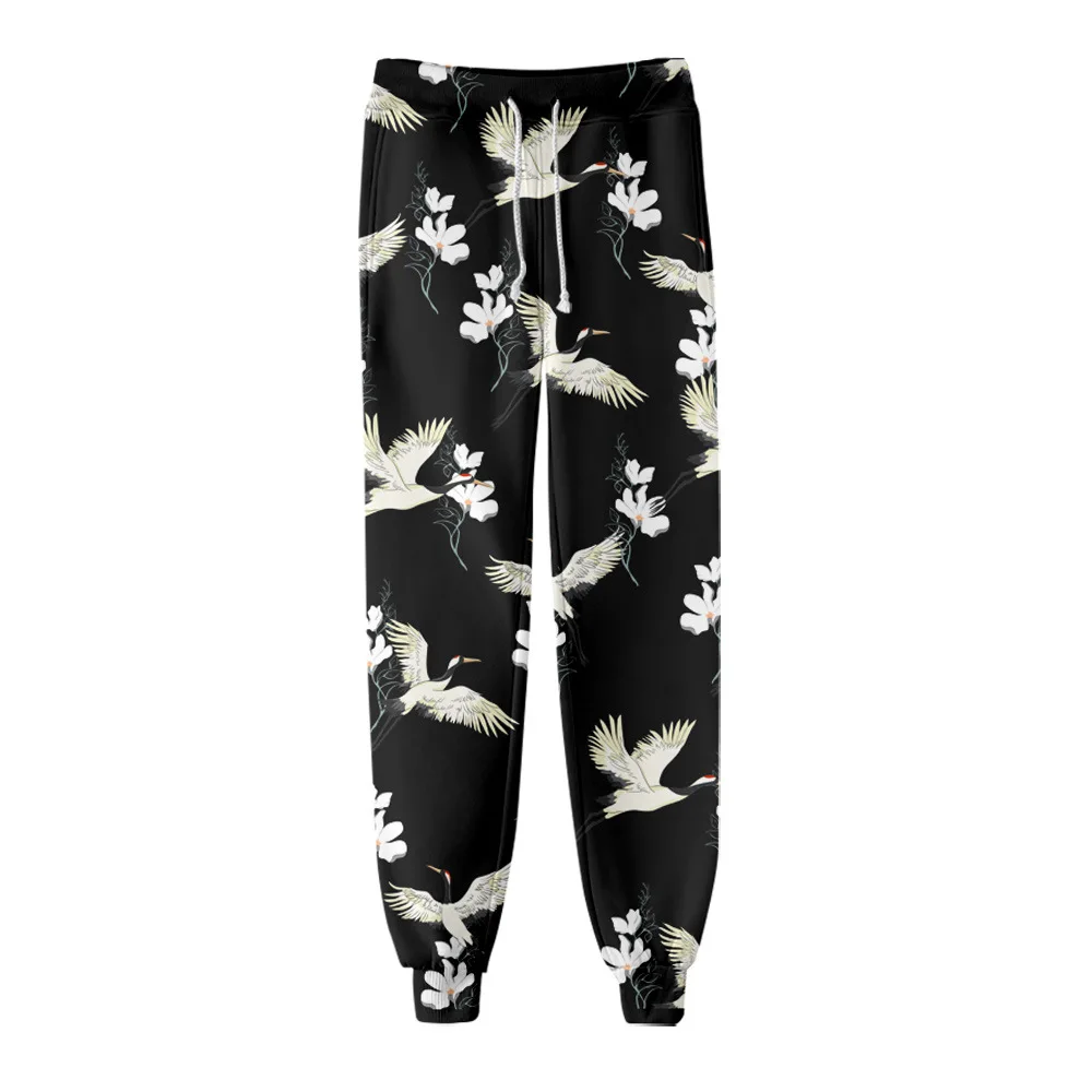

2021 Hip Hop Casual Pockets Joggers Pants Men Women Cargo Pants Streetwear Harajuku Fashion Black Crane Print Trousers