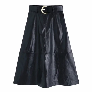 

Women elegant belt design PU Leather black midi skirt faldas mujer lady big swing pocket vestidos casual patchwork skirts QUN519