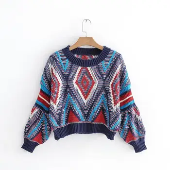 

Geometric O-Neck Knitted Pullover Women Jumper Plaid Autumn Winter Pull Femme Lantern Sleeve Short Sweater