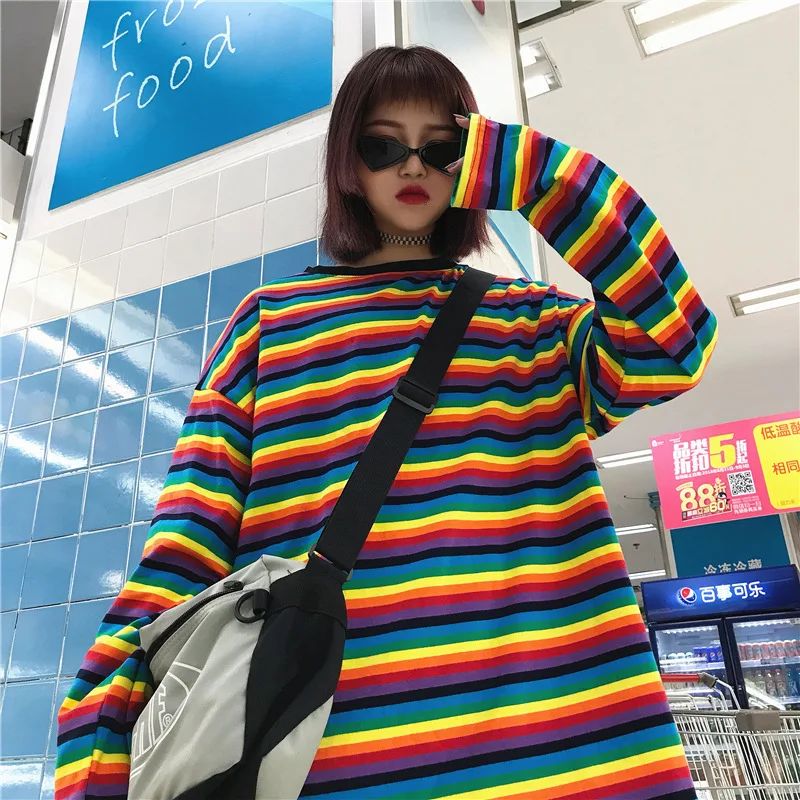 Harajuku Newest Women Sweatshirt Rainbow Striped Korean Style All-match Loose Fashion Tops For Female