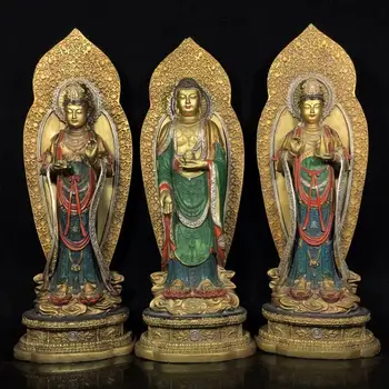 

16" Tibetan Buddhism bronze Painted Western Three Saints Amitabha Bodhisattva AvalokiteÅ›vara Shakyamuni Buddha Statue 3 pieces