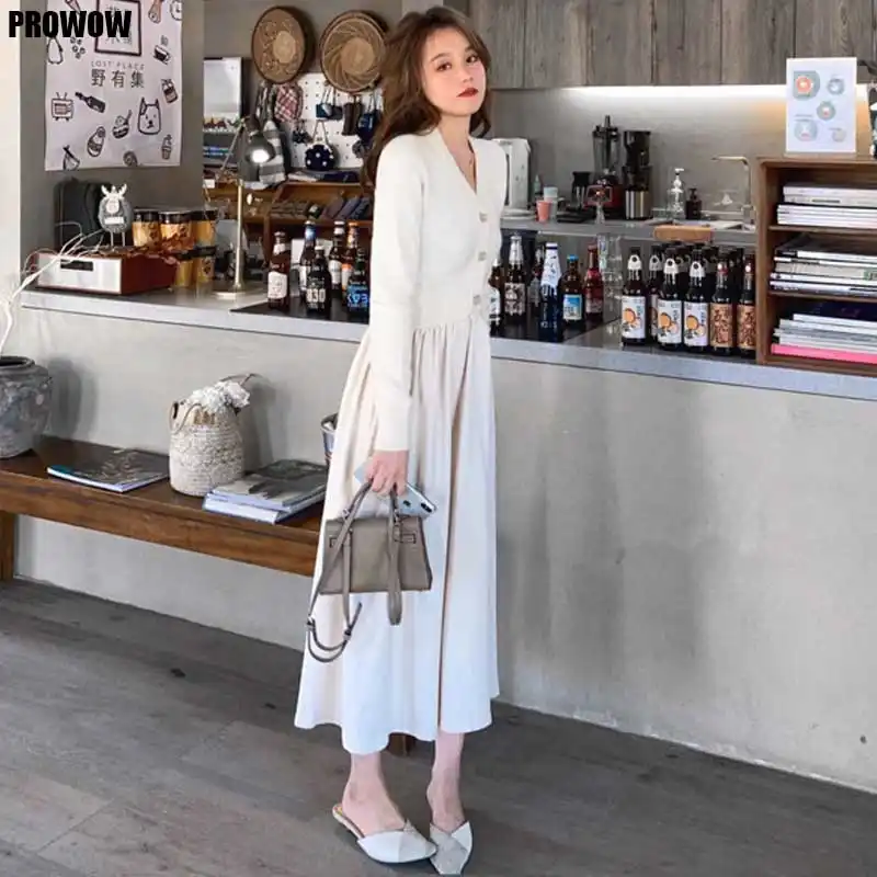 ワンピース韓国ドレスエレガントな女性ニットドレス秋の冬の女性の長袖vネックドレスknittセーター ドレス Aliexpress