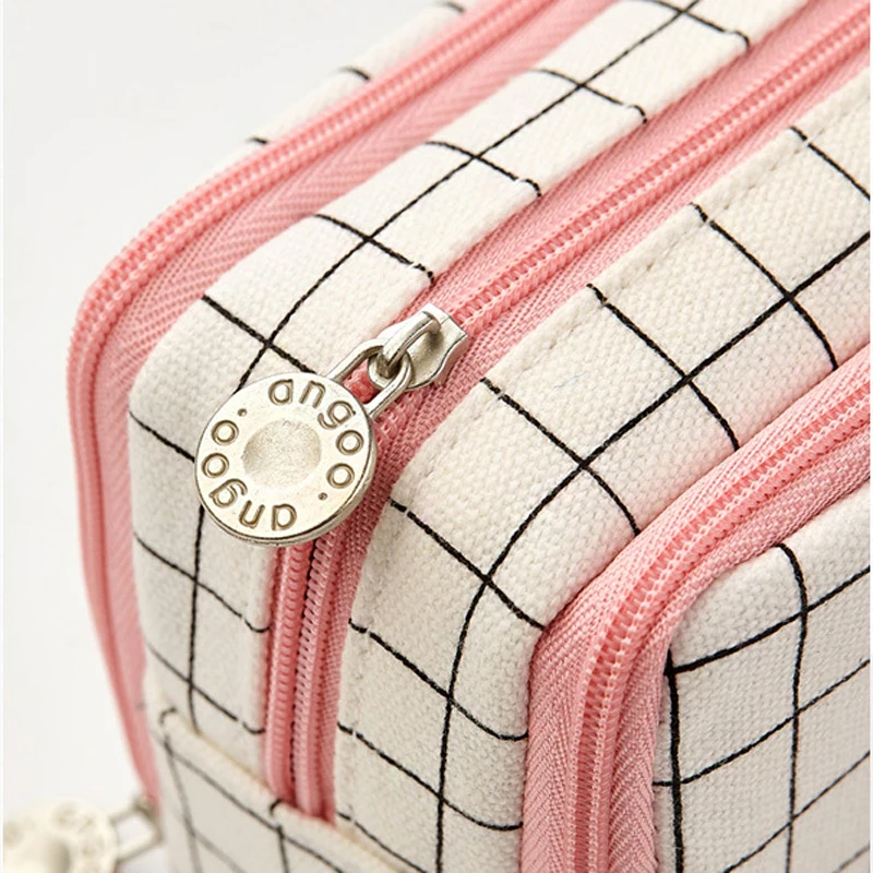 Cute Grid Pencil Case Kawaii Canvas Pencil Case Bag For Students Large Capacity Stationery Pouch Creative School Supplies New