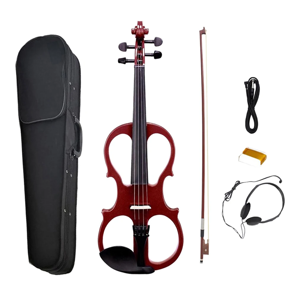 

4/4 Electric Violin Full Size Wood Silent Fiddle Stringed Instrument Bow Headphone Storage Bag, Wine Red