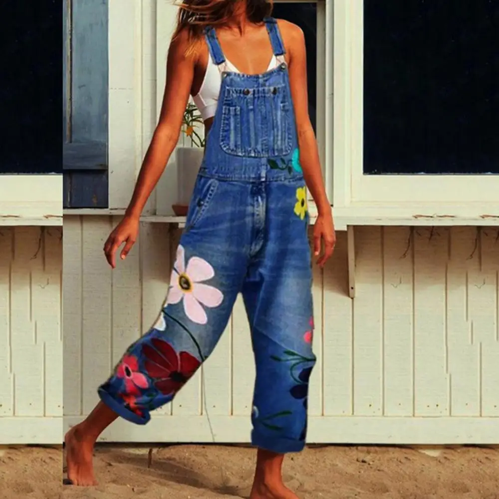 Bib Pants Jumpsuits flower printed blue jeans Romper for Women's Fashion Denim Bib Pants Sexy Long Rompers Overalls 2020 new Bib Pants Jumpsuits flower printed blue jeans Romper for Women's Fashion Denim Bib Pants Sexy Long Rompers Overalls 2020 new