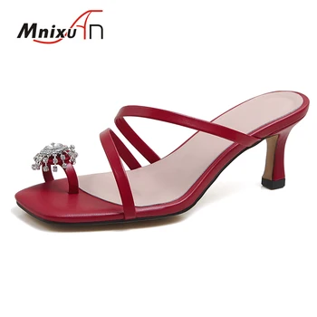 

Handmade women flip flops slippers summer high heels 2020 new genuine leather thin heel rhinestones ladies shoes slides size 33