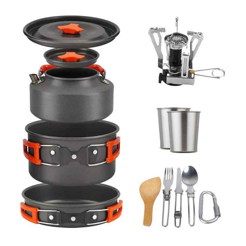 Outdoor Cooking Set Non Stick Pot and Pans with Stove Backpacking Hiking Travel