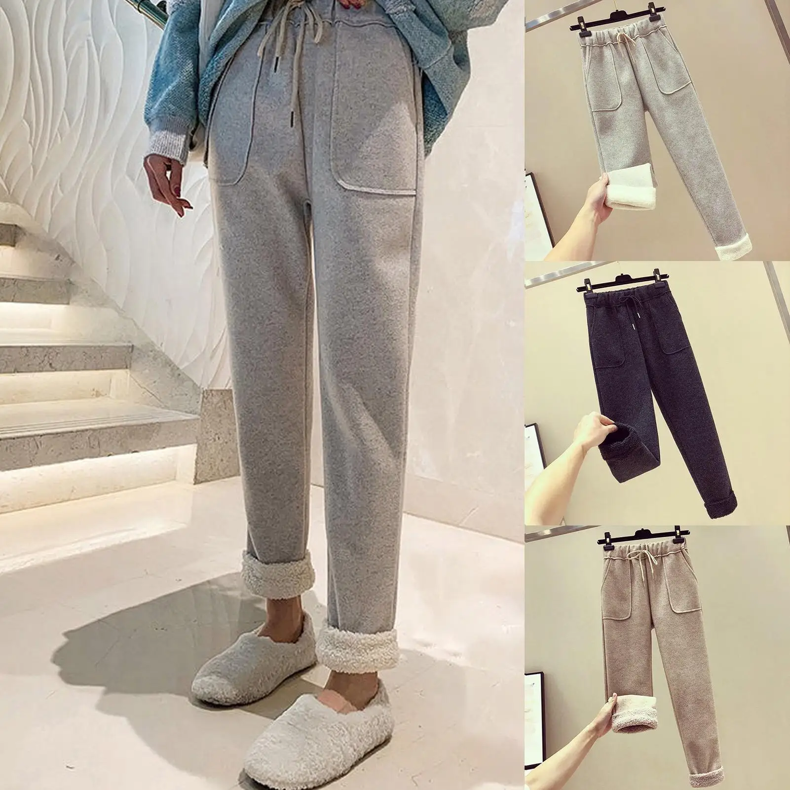 

Women Autumn Drawstring High Waist Faux Fleece Pants Pockets Thick Warm Trousers