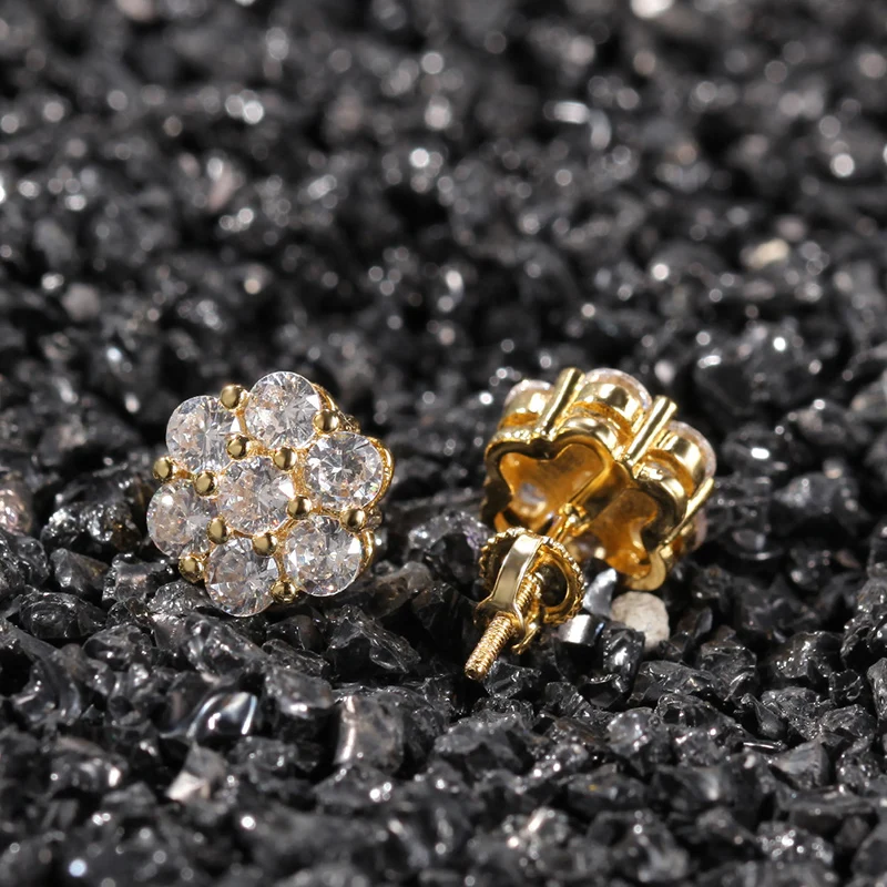 Hip Hop Claw Setting CZ Stone Bling Ice Out Plum Blossom Flower Stud Earring for Women Men Unisex Rapper Jewelry 6