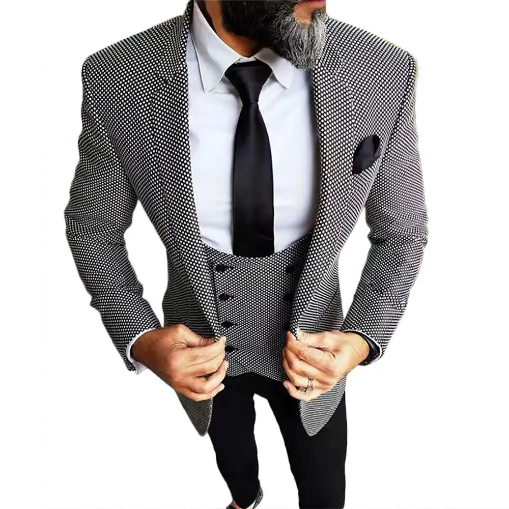 

2020 Houndstooth Fabric Men Suits For Wedding Groom Tuxedos Jacket Black Pants Vest Latest Style Blazer Waistcoat 3 Pieces