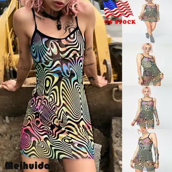 

New Sexy Women Print Dress Short Sleeveless Mesh Lady Perspective Bodycon See-through Round Neckline Clothing Club Party Dresses