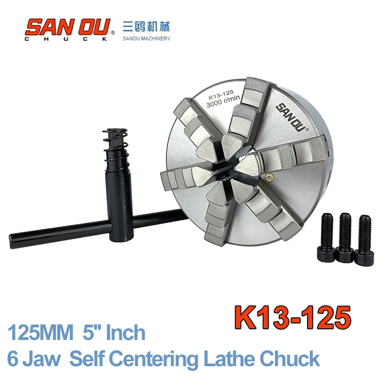 6 Jaw 125mm 5'' Lathe Chuck Self Centering SANOU K13-125 Hardened Reversible Mounting Tool for Drilling Milling woodworking |