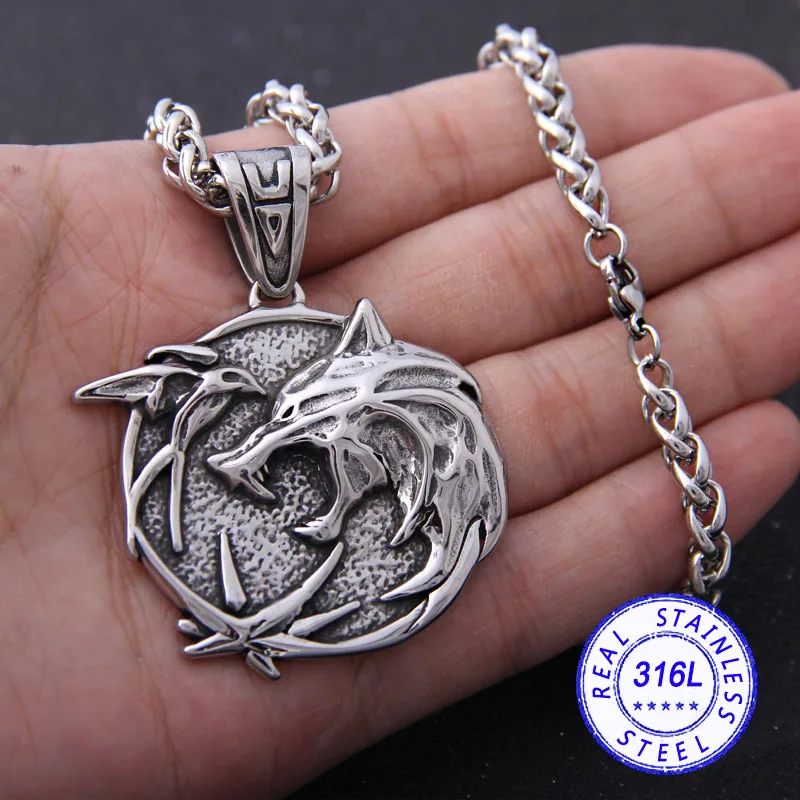 photo style necklace Yage нержавеющая сталь волшебник подвеска в виде волчьей головы ожерелье для гералта с дикой охотой 3 рисунок ТВ - Окраска металла: photo style necklace