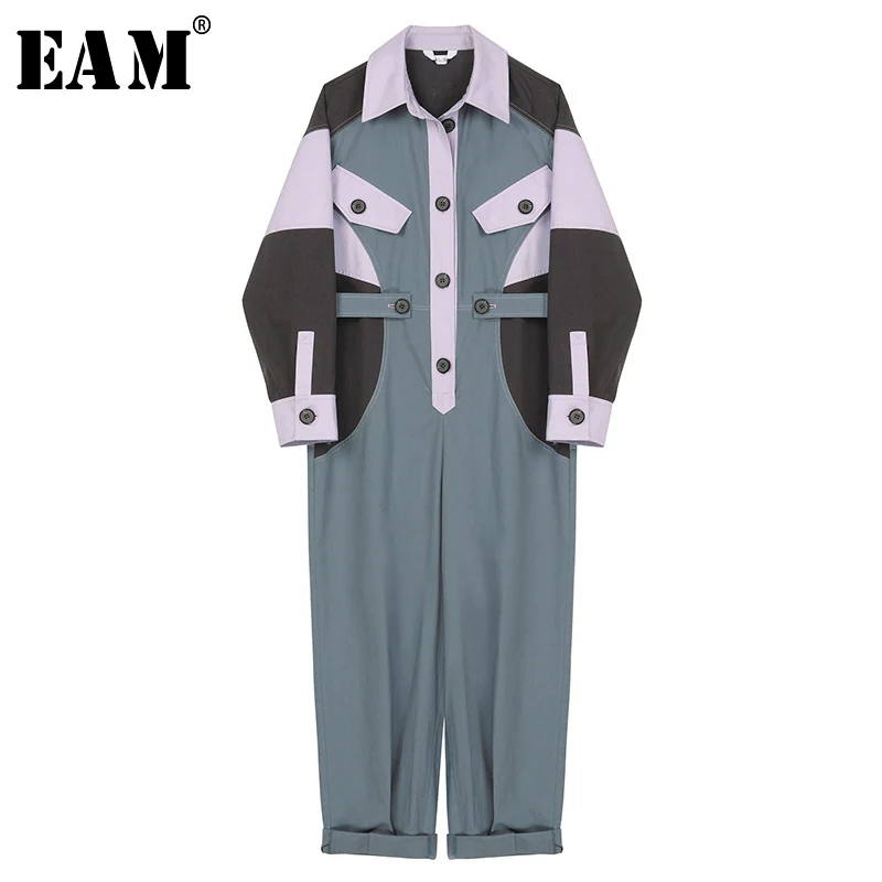 

[EAM] Loose Fit Contrast Color Stitch Women Jumpsuit New High Waist Pocket Stitch Pants Fashion Tide Spring Autumn 2020 1S150