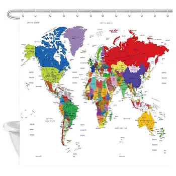 

World Map Shower Curtain, Colorful Detailed Major Cities Continent Ocean Shower Curtain Bathroom with Hooks, Waterproof Home