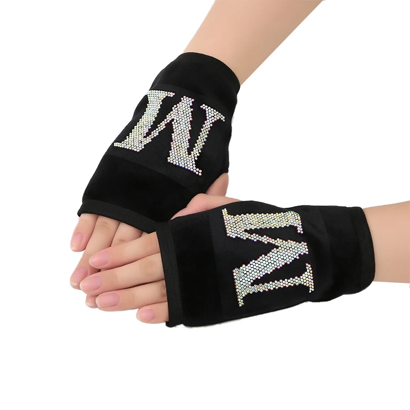 

Suede Leather Fingerless Winter Rhinestone Gloves Women Letter M Quality Diamond Female Mittens for Student Type Femme Guantes