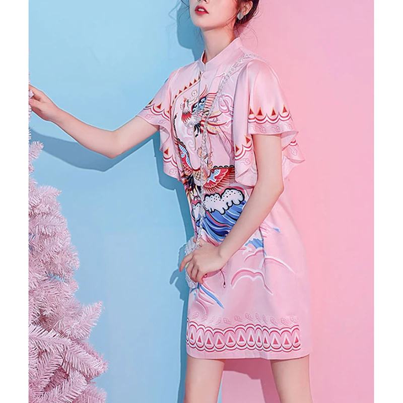 PERHAPS U pink Phoenix bird print mandarin collar ruffle sleeve short sleeve mini dress zipper summer D1893