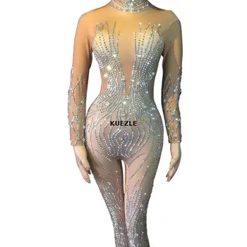 

Bodysuit Silver Rhinestones Nude Sequin Jumpsuit Sexy Club Bar Dance costume Rompers Women Jumpsuit Prom Birthday Party Outfit