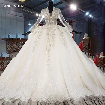 شراءHTL1880 فستان زفاف فاخر وجميل مطرز بالخرز 2020 كم طويل مزين فستاين سهرة/فساتين الحفلات كريستال عميق رقبة V